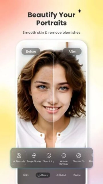 Fotor's AI tool for skin smoothing and blemish removal in portraits