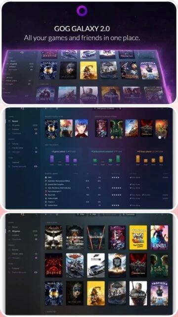 GOG GALAXY 2.0 game library with Halo 2 Metro Exodus Tropico 6 and playtime stats