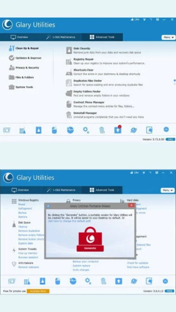 Glary Utilities interface with Clean Up, Optimize, Privacy tools.