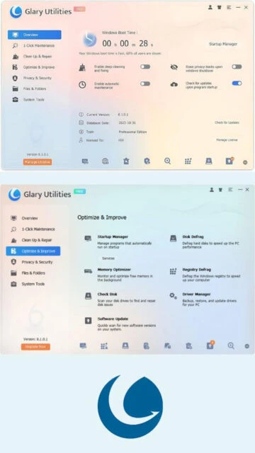 Glary Utilities Overview & Optimize panels. Boot time, defrag tools.