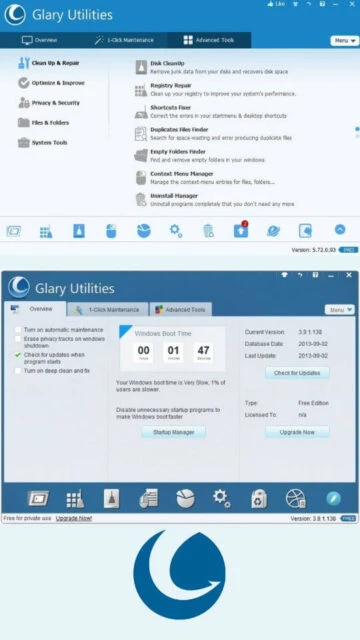 Glary Utilities overview showing slow boot time and upgrade prompt.