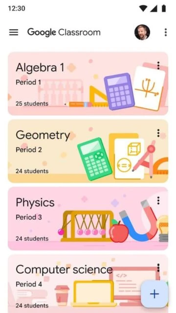 Google Classroom dashboard showing Algebra 1, Geometry, Physics, and Computer Science classes.