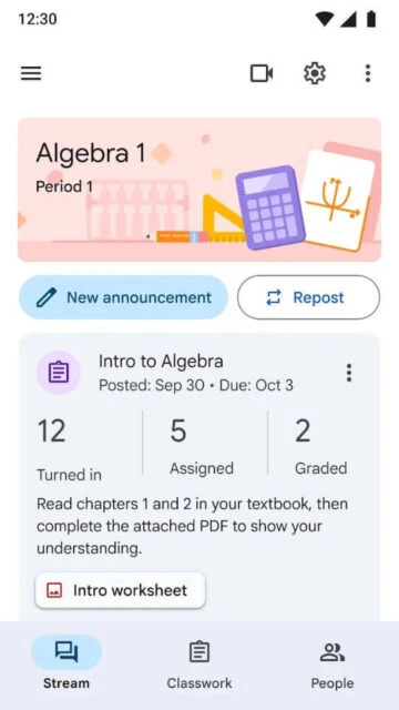 Google Classroom stream for Algebra 1 with assignment details, stats, and worksheet link.