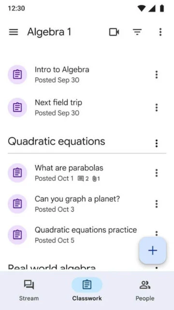Google Classroom Classwork tab displaying Algebra 1 topics, posts, and assignment dates.