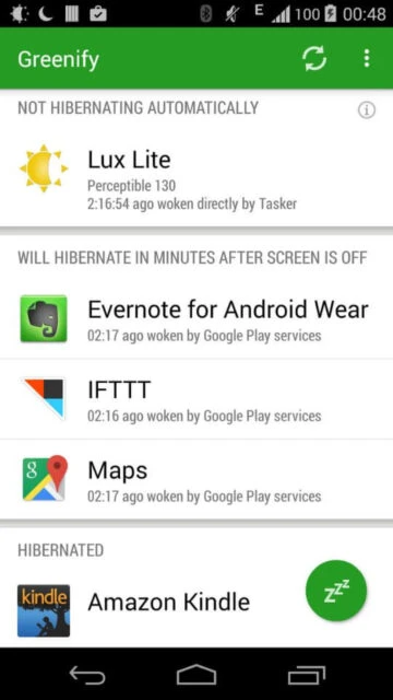 Greenify manages app states Lux Lite Evernote hibernated or waking with clear status icons