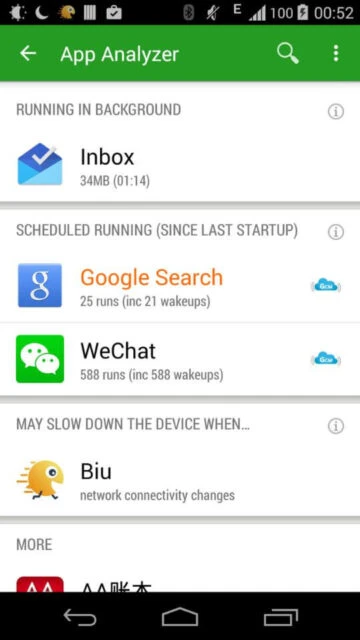 Greenify App Analyzer shows running apps like Inbox WeChat with memory usage and wakeups