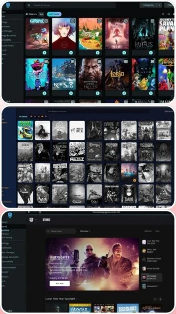 Heroic Games Launcher interface overview showing banner, login screen, and game details pages