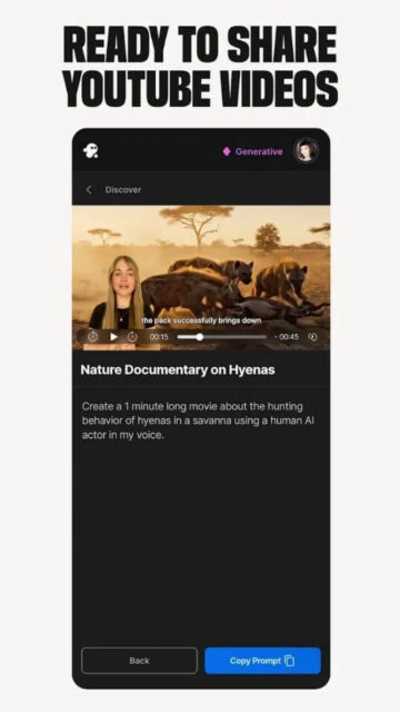 InVideo AI app showing YouTube video creation interface with hyena documentary preview.