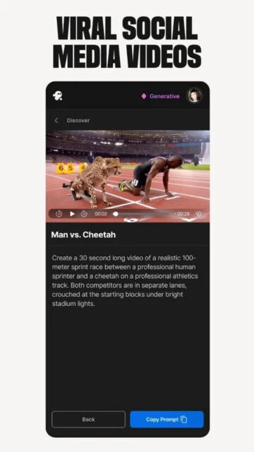 InVideo viral video creation interface featuring cheetah vs human race concept.