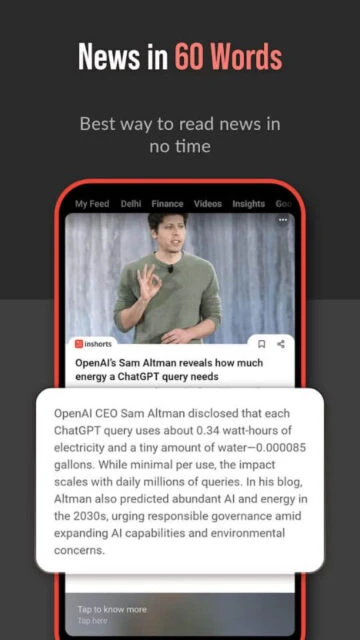 Inshorts News in 60 Words summarizes OpenAI Sam Altman energy use per ChatGPT query