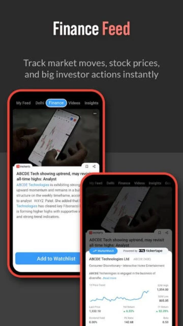 Inshorts Finance Feed tracks ABCDE Tech stock prices market moves big investor actions