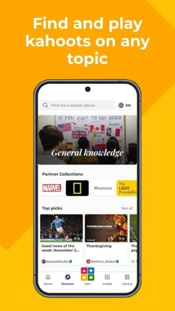 Kahoot! Discover lets you find games on any topic, from Marvel to general knowledge.