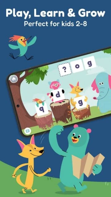 Khan Academy Kids app for ages 2-8, featuring playful animals and letter games on a tablet screen.