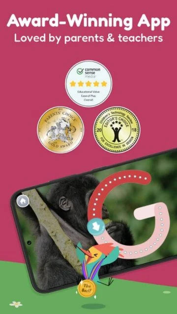 Khan Academy Kids, an award-winning app loved by parents & teachers, displays its accolades and gameplay.