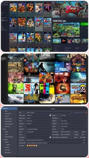 LaunchBox with a game library grid, a specific game selection, and a details page.