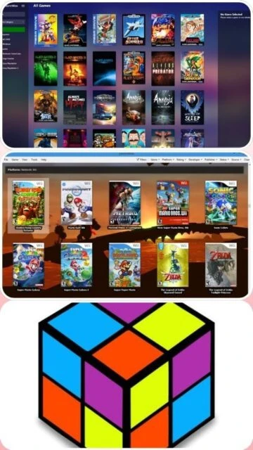 LaunchBox interface showing All Games, a Nintendo Wii list, and a Rubik's Cube.