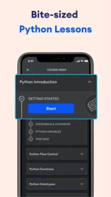 Learn Python app Python lessons. Bite-sized course index, start button.