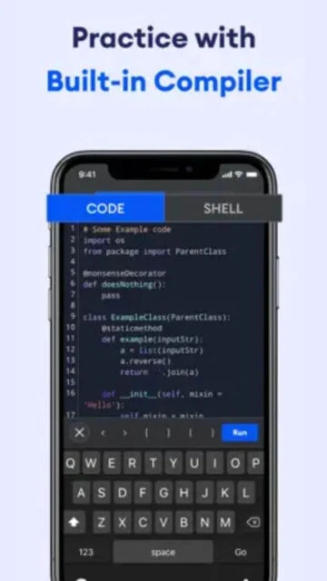 Learn Python app built-in compiler. Practice coding, run Python code.