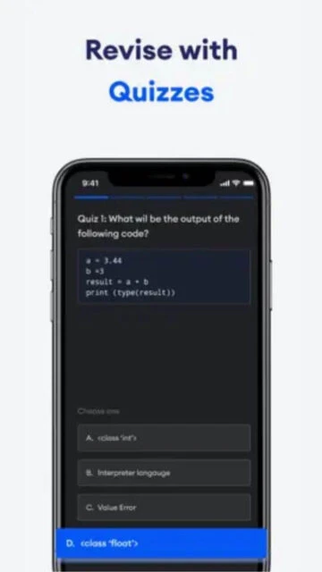 Learn Python app quiz interface. Revise with multiple choice questions.