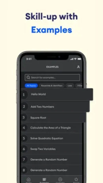 Learn Python app examples section. Skill-up with Hello World, math.