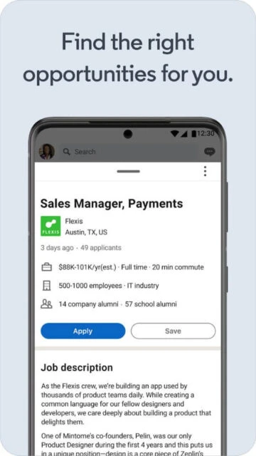LinkedIn job listing for Sales Manager at Flexis. Apply button shown.