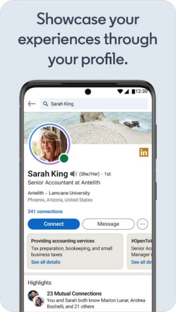 LinkedIn profile for Sarah King. Senior Accountant, connections, bio.