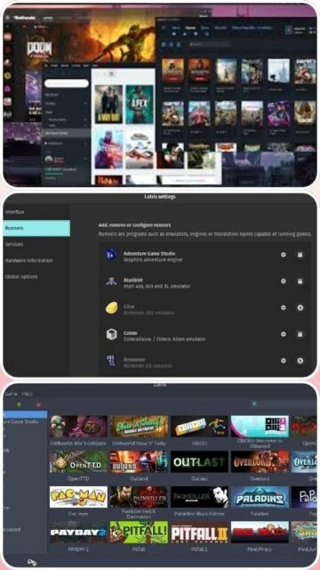 Lutris settings page listing various runners like emulators.