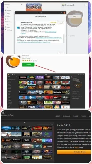 Installation window for Overwatch within the Lutris platform, showing requirements.