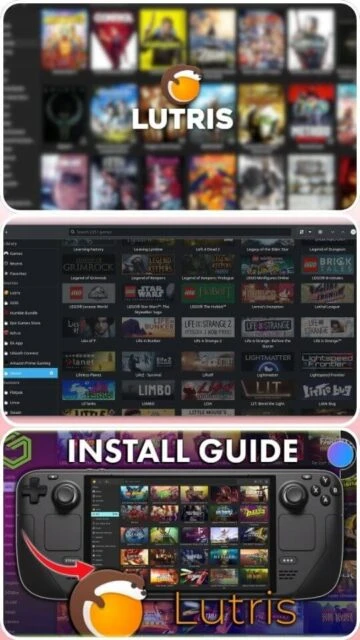 Lutris platform interface showing the main game library with its logo.