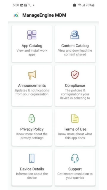 ManageEngine MDM dashboard with App Catalog Content Announcements Compliance Privacy Terms Support