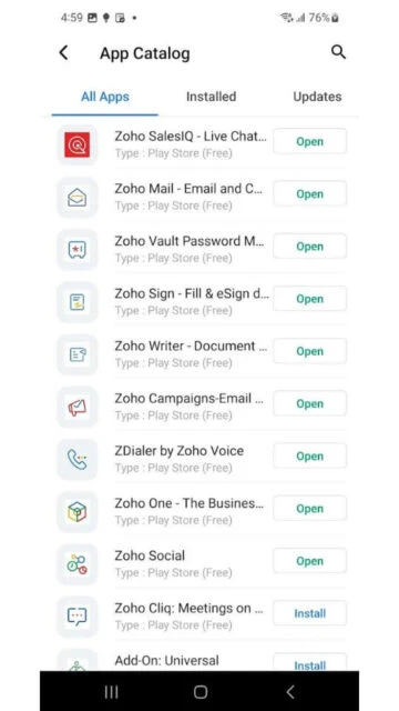 anageEngine MDM App Catalog lists Zoho apps with Open Install options for work use