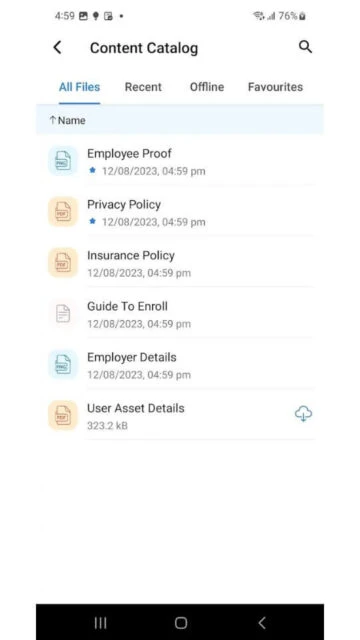 ManageEngine MDM Content Catalog shows Employee Proof Privacy Policy Insurance files for download