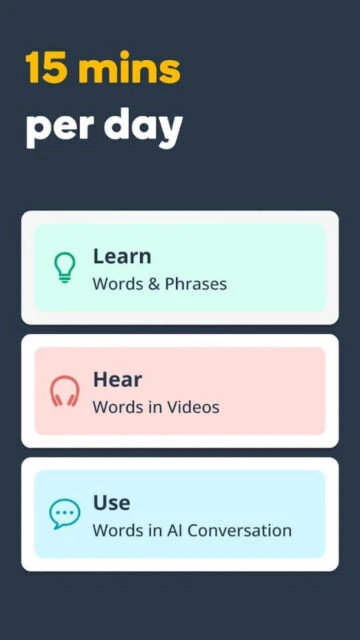 Drops app teaches words in 15 mins/day: learn, hear in videos, use in AI conversation.