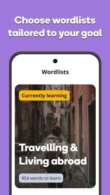 Drops app offers wordlists like “Travelling & Living abroad” to match your learning goal.