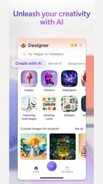 Microsoft Designer home screen showing AI creation tools and project categories.