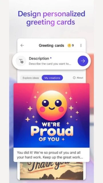 A personalized greeting card being designed in the Microsoft Designer app.