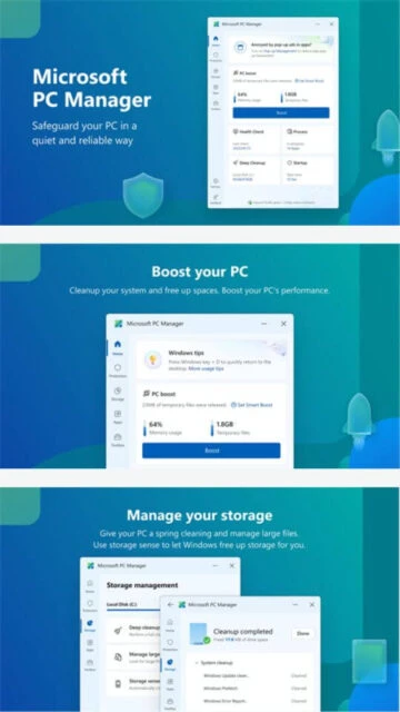 Microsoft PC Manager safeguarding PC, boosting performance, storage.