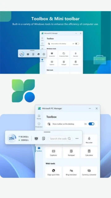Microsoft PC Manager Toolbox & Mini toolbar for quick desktop access.