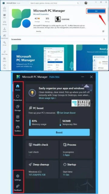 Microsoft PC Manager in Microsoft Store. App interface with menu.