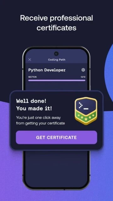 Mimo professional certificates. Python Developer, get certificate.