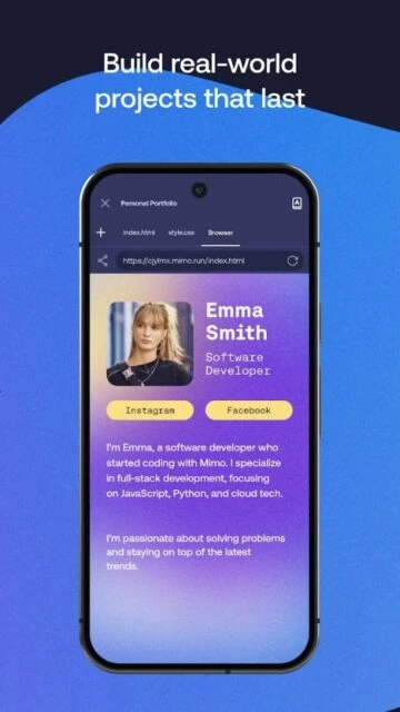Mimo build real-world projects. Personal portfolio for Emma Smith.
