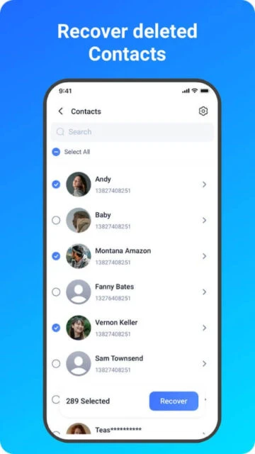 MobiSaver recovers deleted contacts with select all option for fast restore from phone list