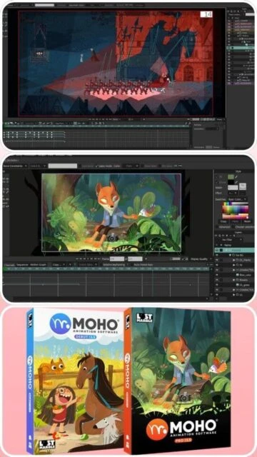 Moho Animation Software creates scenes with character rigging timeline and export options