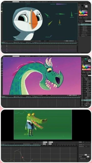 Moho Animation Software character design for penguin dragon crocodile with color tools