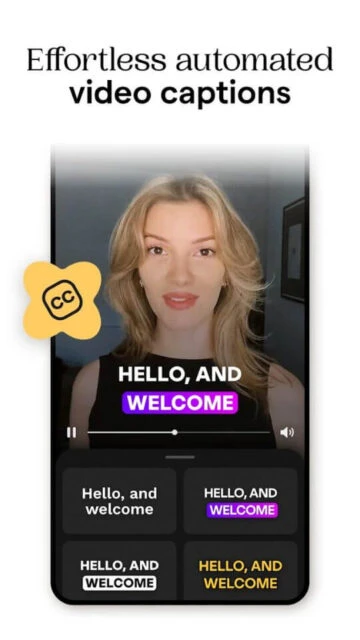 Mojo app interface with automated video captions and style previews.