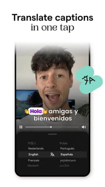 Mojo app interface showing caption translation with language options.