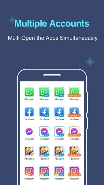 Multiple Accounts App supports multiple WhatsApp, Facebook clones.