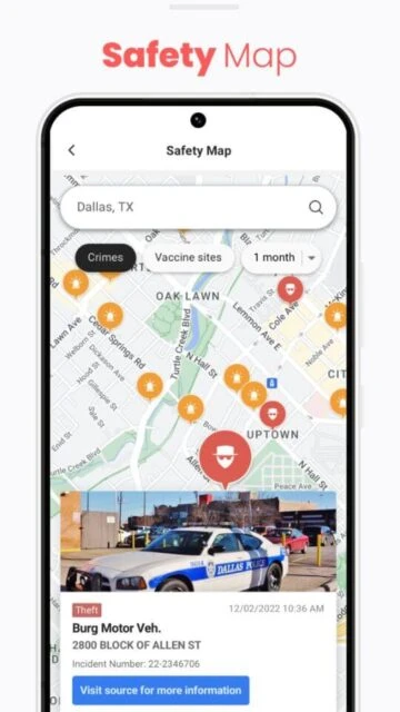 NewsBreak Safety Map for Dallas TX shows crimes vaccine sites with police incident details