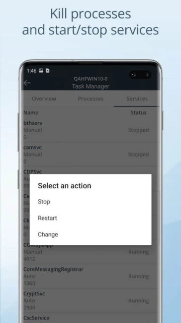 NinjaOne app kill processes start stop services with task manager and action select menu