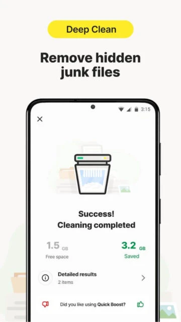 Norton Cleaner deep clean removes hidden junk files freeing 1.5GB space with 3.2GB saved total